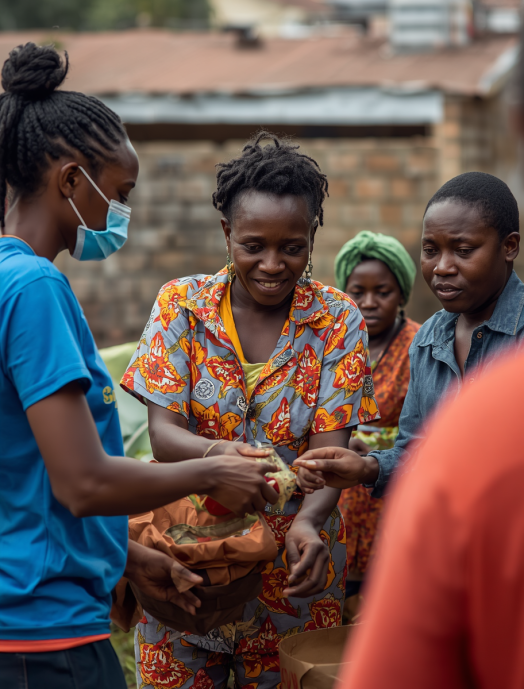 Professional photo of Nigerian NGO volunteers and staff, team working together with community members, Nigerian nonprofit workers in action, compassionate and dedicated atmosph